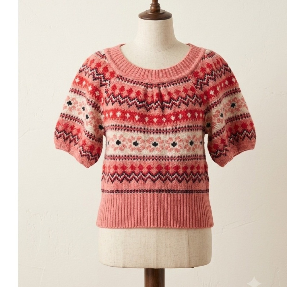 Sleeping on Snow Anthropologie Pink Red Fair Isle Wool Puff Sleeve Sweater Large